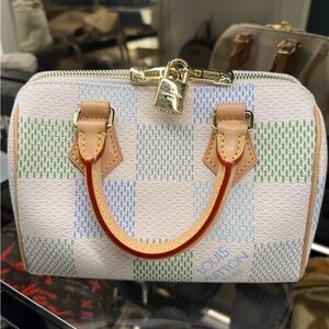 Louis Vuitton Cream, Tan, and Green Speedy 20 Bag